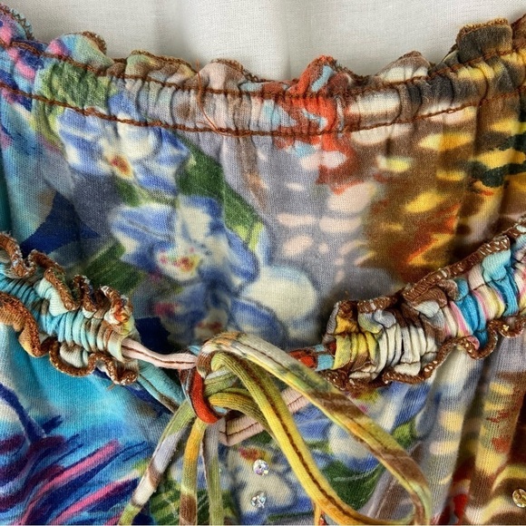 Christopher & Banks Bold Colorful Floral Sequins Tie Neck Flowy Cotton Top - Picture 8 of 14
